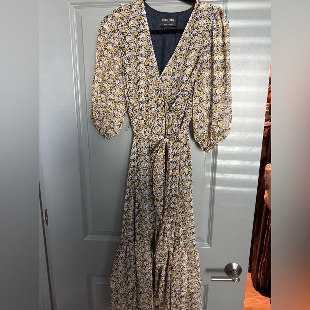 Minkpink Yellow Floral Long Sleeve Maxi Wrap Dress